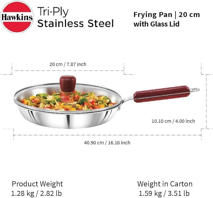 Hawkins Tri-Ply Stainless Steel Frying Pan with Glass Lid, 22 cm Diameter
